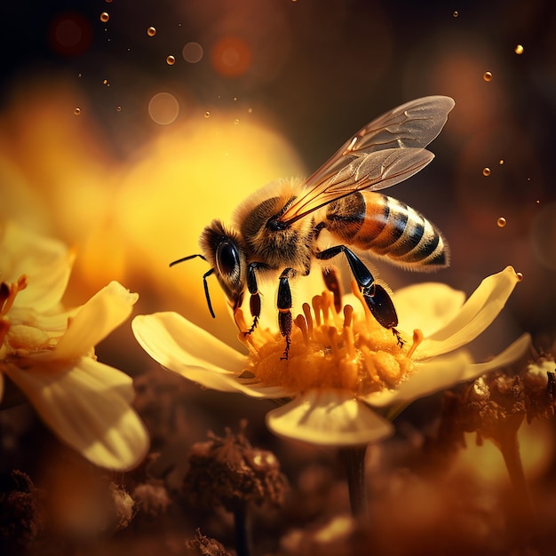 CloseUp Nectar Honey Bee em Honeycombs Macro Shot