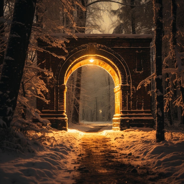 Closeup noturno Vista através de um arco antigo de tijolos com uma lanterna e um pequeno portão hora dourada