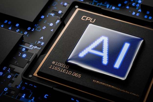 Closeup of an artificial intelligence chip AI for controlling a robot Robotics Mind AI Artificial intelligence generates content AI writes program code 3D render