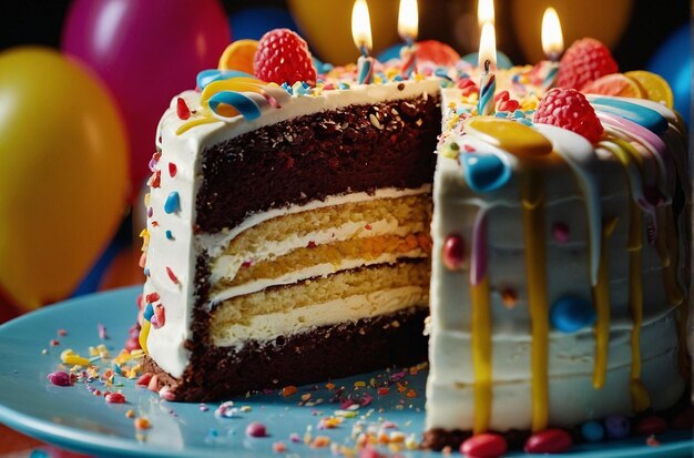 Foto closeup of a birthday cake being sliced revealing layers