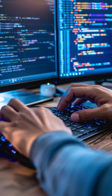 CloseUp of Hands Digitando código no teclado com Python e JavaScript no monitor