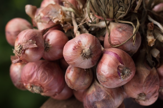 Closeup of shallot on wooden table on vintage kitchen