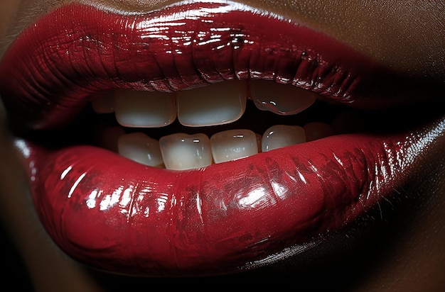 Closeup ousado e bonito da boca de uma mulher negra e lábios rosados em estilo artístico