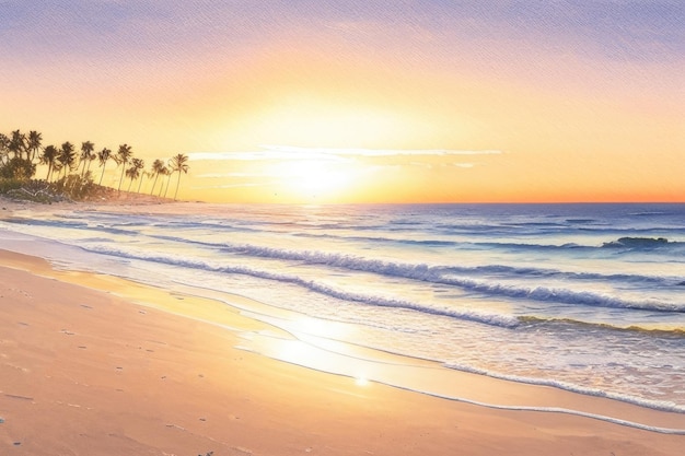 Closeup paisagem de praia de areia do mar com pintura a óleo do céu pôr do sol Generative AI