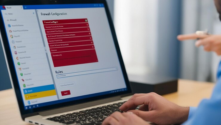 Foto closeup de la pantalla de la computadora con interfaz de configuración del cortafuegos y configuración de reglas por técnico