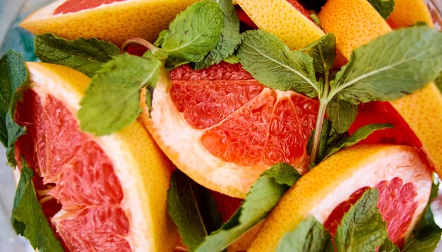 Closeup peças coloridas de toranja vermelha com laranja. foto de alta qualidade