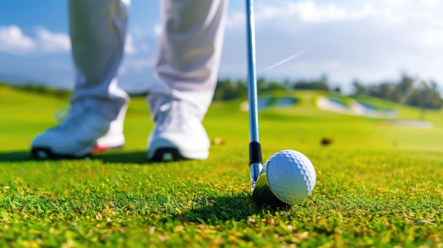 CloseUp de la pelota de golf y el club en el campo