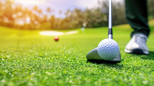 CloseUp de la pelota de golf y el club en el campo