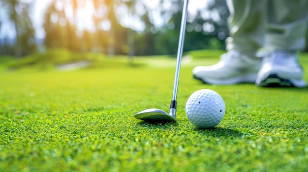 CloseUp de la pelota de golf y el club en el campo