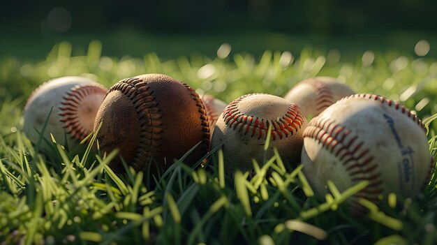 Closeup de pelotas de béisbol en el campo de hierba durante la puesta del sol equipo deportivo vintage en luz natural perfecto para el contenido relacionado con el deporte IA