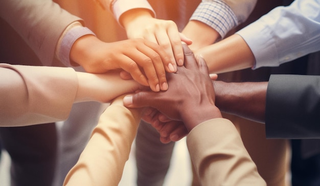 Foto closeup de personas diversas uniendo sus manos unidad en diversidad conexión de manos closeup