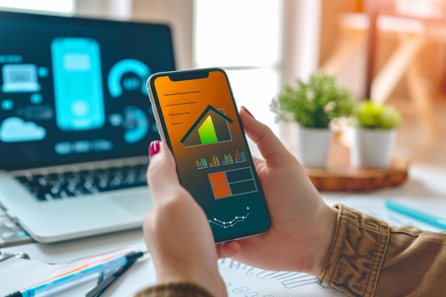 Closeup de personas que monitorean el uso de electricidad en el hogar con aplicaciones móviles IA generativa