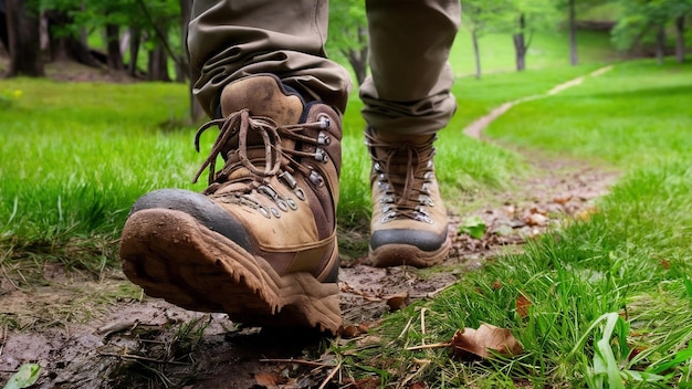Closeup pés caminhante homem vestindo botas para viajar caminhando em uma floresta verde férias de viagem e caminhadas