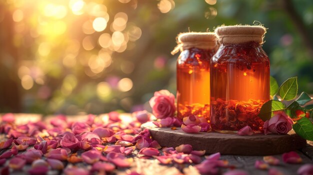 Closeup de pétalos de rosa de té con mermelada en frascos en la mesa contra el telón de fondo de un ga natural brillante