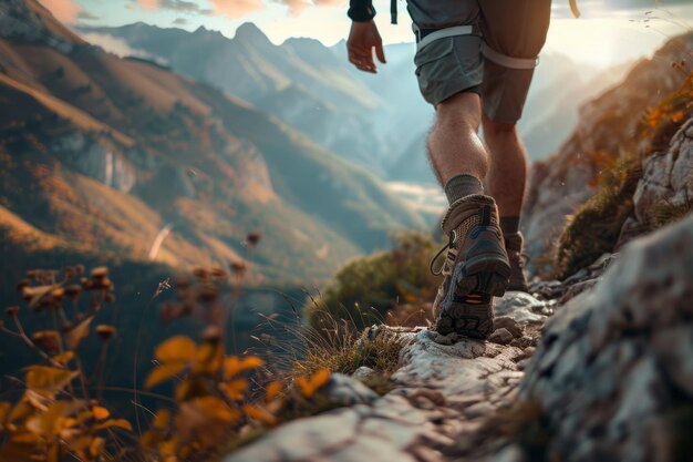 Closeup de las piernas de un excursionista caminando por un sendero de montaña al atardecer con una vista panorámica de montañas y valles en el fondo