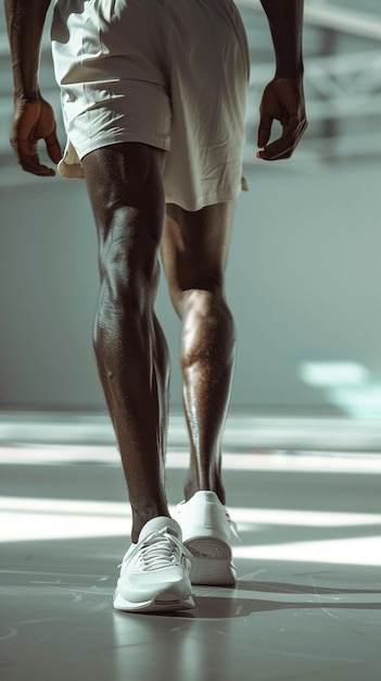 Foto closeup de las piernas de un hombre afroamericano discapacitado con piernas protésicas haciendo ejercicio en un gran espacio de copia de gimnasio blanco claro