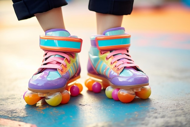 CloseUp de los pies en los coloridos patines de rodillos de los años 80 IA generativa