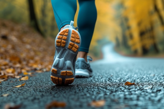 Closeup de los pies de una mujer corriendo por un camino mojado en el bosque