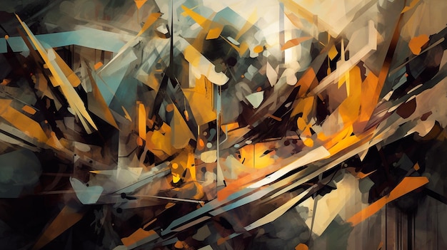 Closeup pintura parede futurismo impressionismo silenciado marrom amarelo preto ouro prata formas expressiva peça emocional simplificado jazz desconectado Generative AI