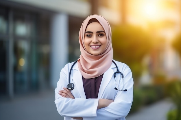 Closeup-Porträt einer freundlich lächelnden, selbstbewussten muslimischen Ärztin
