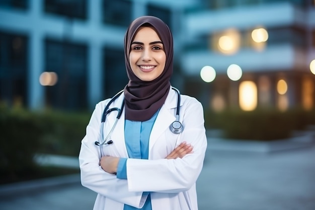 Closeup-Porträt einer freundlich lächelnden, selbstbewussten muslimischen Ärztin