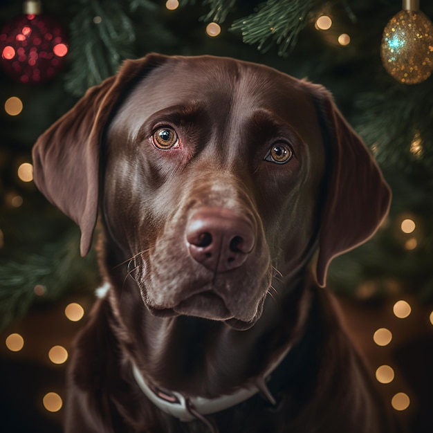 Closeup Portrait eines Hundes beleuchtet Bälle Christbaumschmuck