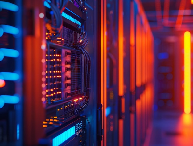 Closeup de racks de servidores en un centro de datos con luces rojas y azules