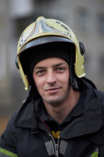 Closeup retrato de un bombero Retrato de un bombero de mediana edad en uniforme