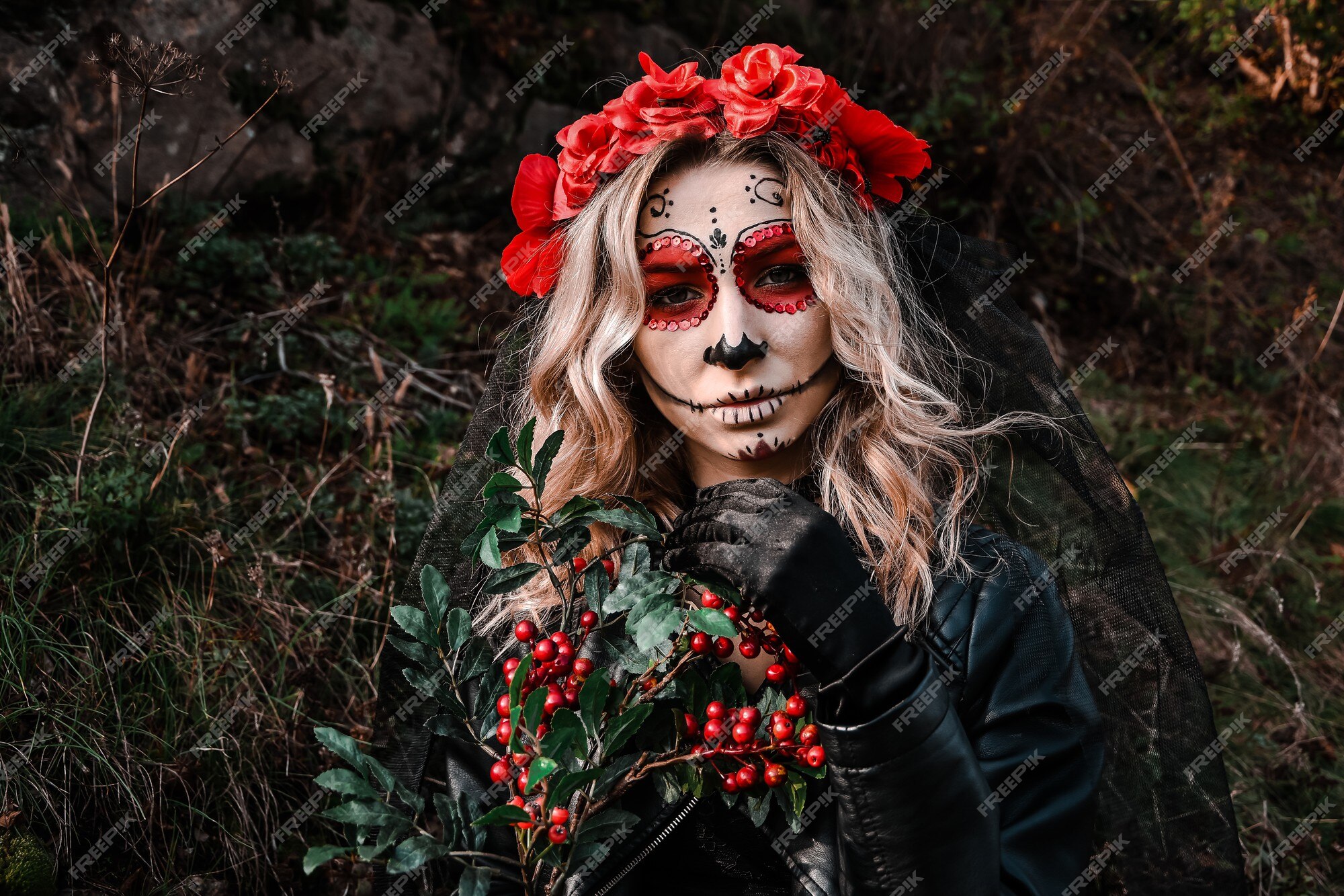 Retrato de maquiagem de caveira de jovem para o halloween