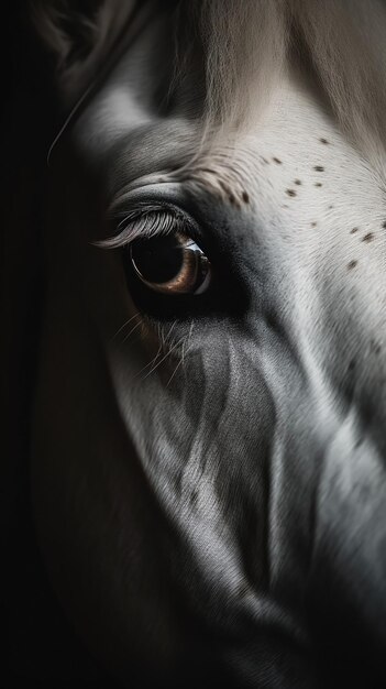 Closeup retrato de olho de cavalo branco de animal em fundo escuro Ai gerado
