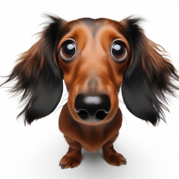 Foto closeup retrato divertido de un perro dachshund sorprendido con ojos enormes disparado con gran ángulo generativo