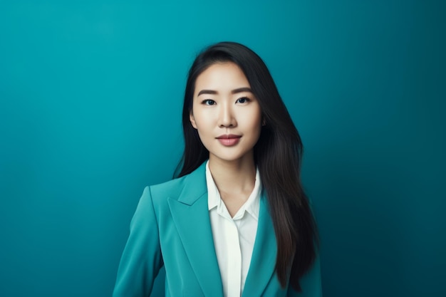 Closeup retrato femenino joven mujer asiática vistiendo traje formal aqua azure empresaria coreana
