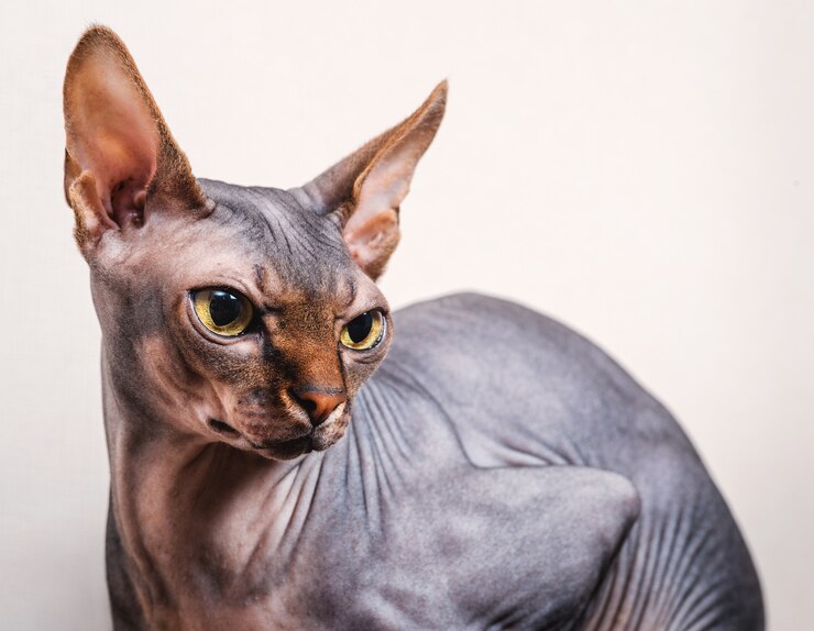 Closeup retrato de gato Sphynx sobre fondo blanco.