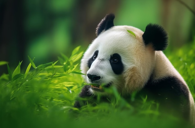 Closeup retrato de lindo panda cara detalle comer planta verde