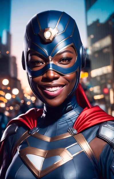 Closeup retrato de mujer afroamericana sonriente en traje de superhéroe