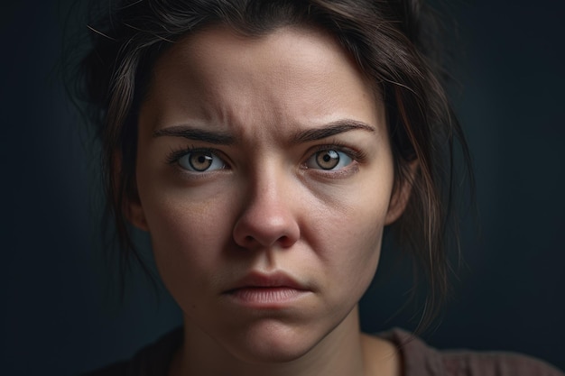 Closeup retrato de una mujer con el ceño fruncido y una expresión frustrada