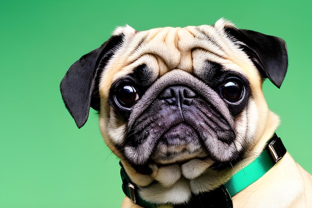 Foto closeup retrato de un perro pug en estudio con fondo verde