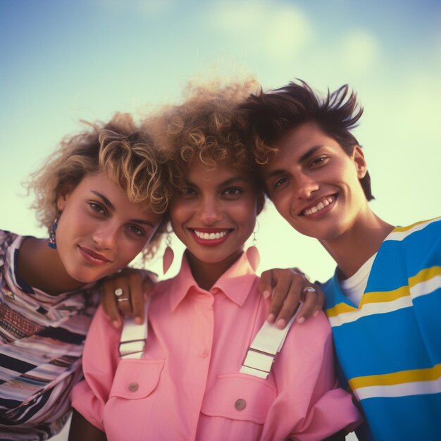 Foto closeup retrato de tres amigos en la década de 1980