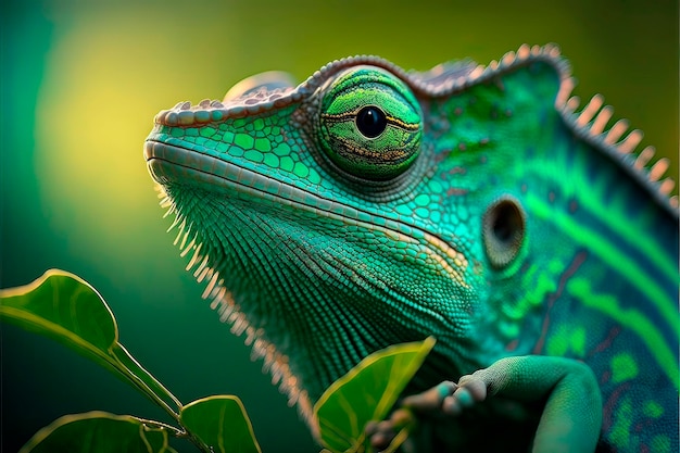 Foto closeup rosto de um camaleão verde