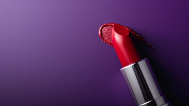 Closeup Roter Lippenstift auf einem lila Hintergrund im Stil der Schönheitsindustrie Fotografie