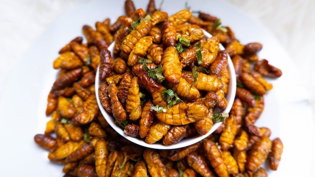 Closeup sabor aceitoso y gusanos de seda salados Insecto gusano de comida para comer