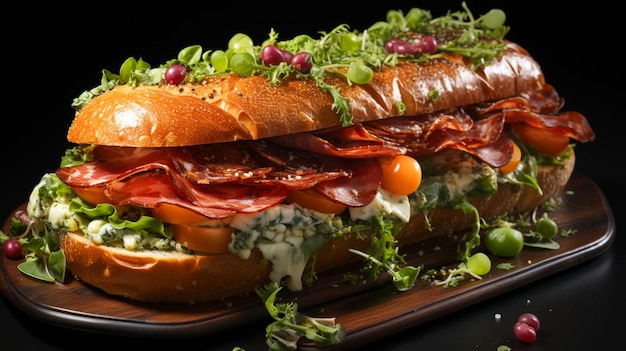 Closeup sanduíche gourmet de carne e legumes isolado em branco