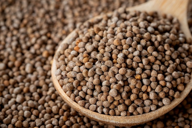 Foto closeup las semillas de perilla en una cuchara de madera son granos que se pueden comer tanto con semillas como con hojas.