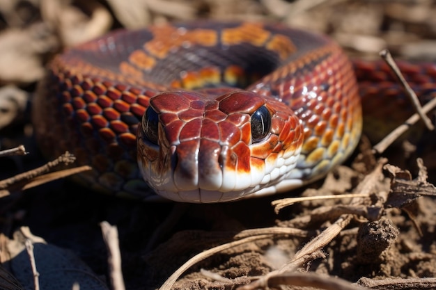 CloseUp de serpiente en el suelo Una vista detallada de una serpiente en su hábitat natural La serpiente rata de Texas Elaphe obsoleta lindheimeri es una subespecie de serpiente rata AI Generado