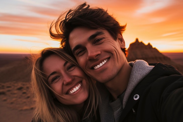 Closeup sorrindo feliz jovem casal dois homem de família mulher em roupas casuais abraçando-se fazendo selfie tiro pov no celular ao pôr do sol Em um dia de primavera ao pôr do solxA