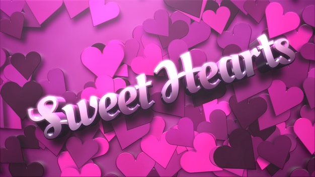 Closeup Sweet Heart Text und romantisches Herz am Valentinstag glänzenden Hintergrund. Luxuriöse und elegante 3D-Illustration für den Urlaub