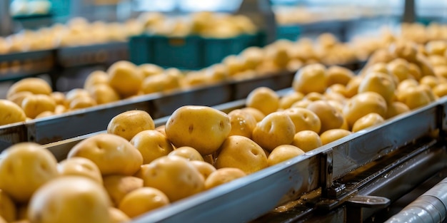 CloseUp del taller de producción en la fábrica japonesa de patatas grandes líneas de producción totalmente automáticas