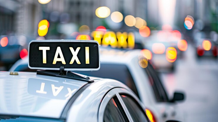 CloseUp de taxis blancos con señales de taxi en el fondo de la calle de la ciudad