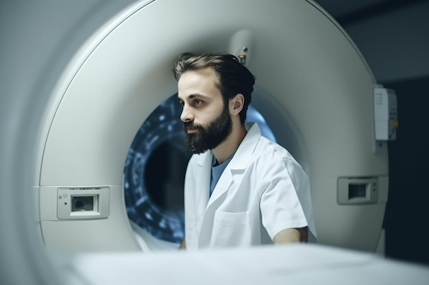 Closeup de un técnico médico que comienza el examen de resonancia magnética de un paciente en el hospital