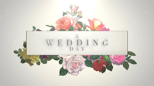 Closeup texto dia do casamento e quadro vintage com flores de verão, plano de fundo do casamento. Estilo de ilustração 3D elegante e luxuoso em tons pastel
